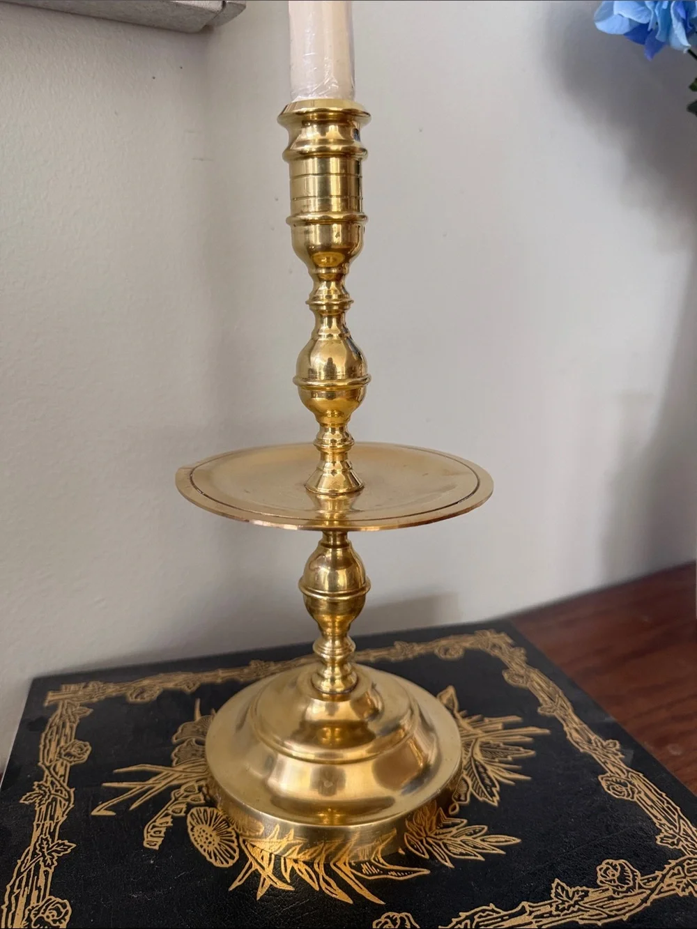Vintage Brass Candlestick Holder with Circular Drip Tray  and Stepped Bell Base